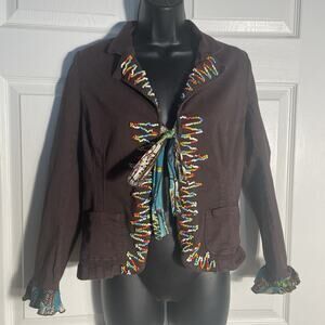 Vintage Y2K Julie G Jacket Women Medium Brown Beaded Boho Seashells Flower Tied